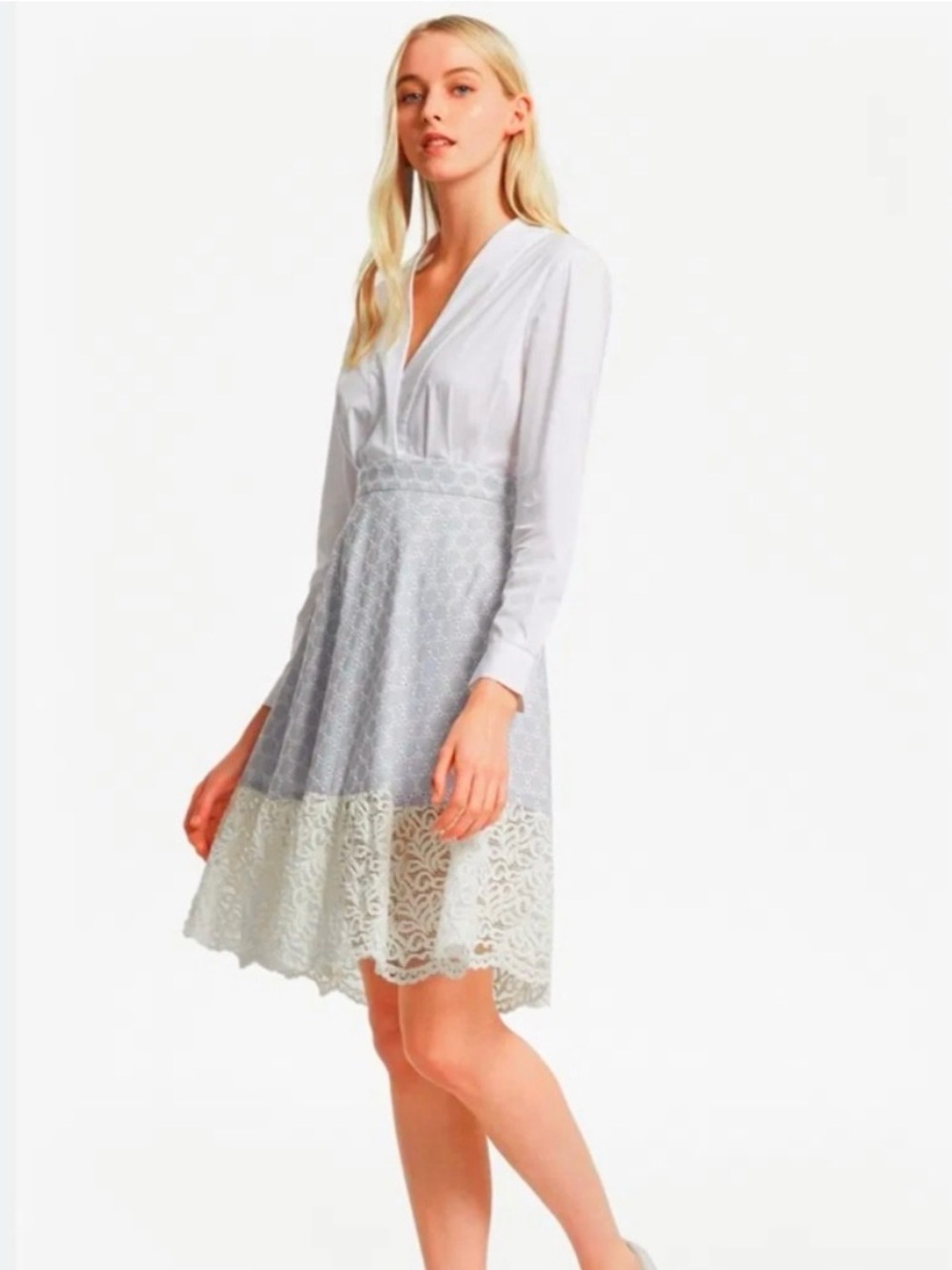 French Connection Oni Lace Mix Flared Dress - Summer White / Light Blue